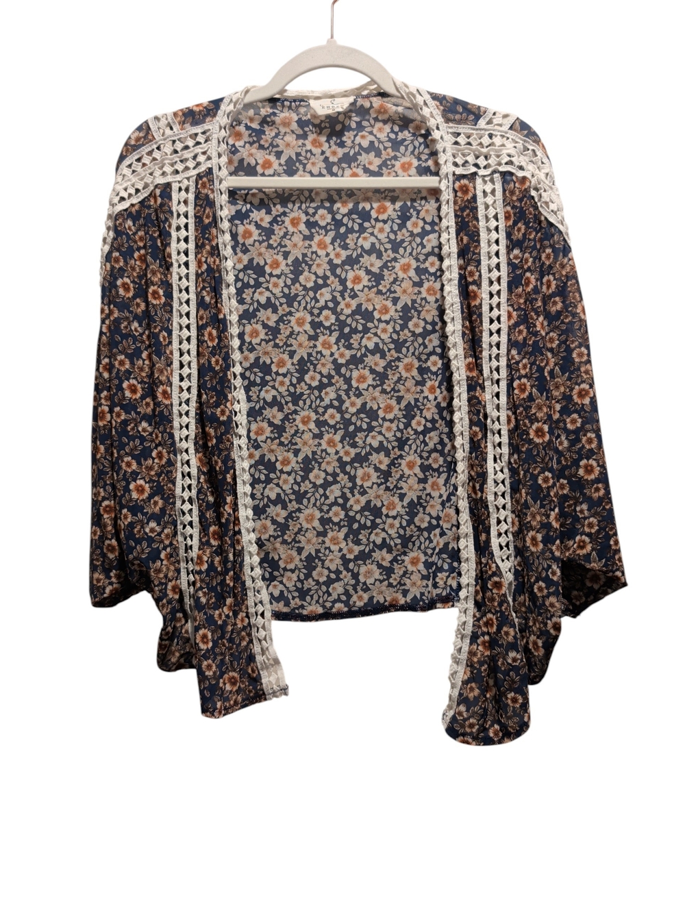 Boho Navy Floral Open-Front Crochet-Trim Kimono (#D237)